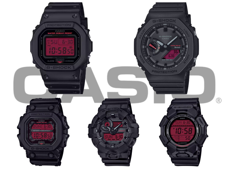 Dans le sens des aiguilles d'une montre, en partant du haut à gauche : Casio DW-5600BBR-1, GA-B2100BBR-1A, GD-010BBR-1JF, GA-700BBR-1AJF et GX-56BBR-1A - toute la gamme G-Shock "Black and Bold Red" en un seul coup d'œil. (Source de l'image : Casio)