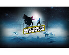 Image promotionnelle de la vente Steam Star Wars Day, montrant Dark Vade et Luke Skywalker engagés dans un combat au sabre laser, avec un texte promotionnel en haut (Image Source : Steam)